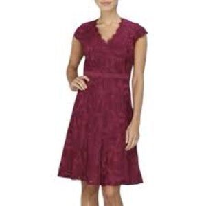 Adrianna Papell Burgundy Lace Dress Fit & Flare V-Neck Cap Sleeve Sz 16W